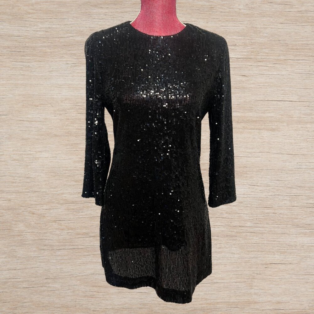 Tory Burch Black Sequin Mini Cocktail Shift Dress Women’s Size M Long Sleeve